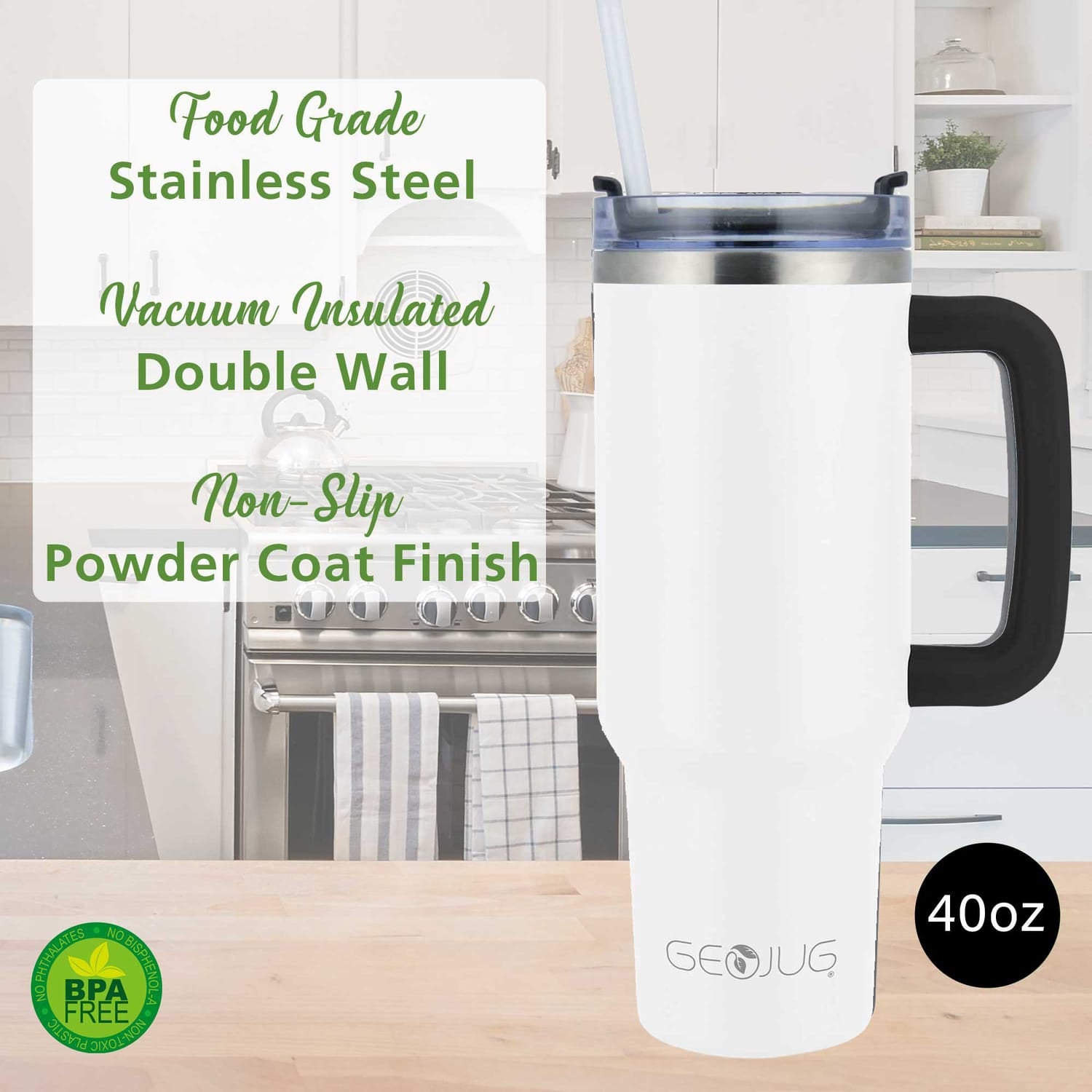 Brentwood Geojug 40-Oz. Insulated Stainless Steel Tumbler Cup with Handle, Lid, and Straw, Black, Cream