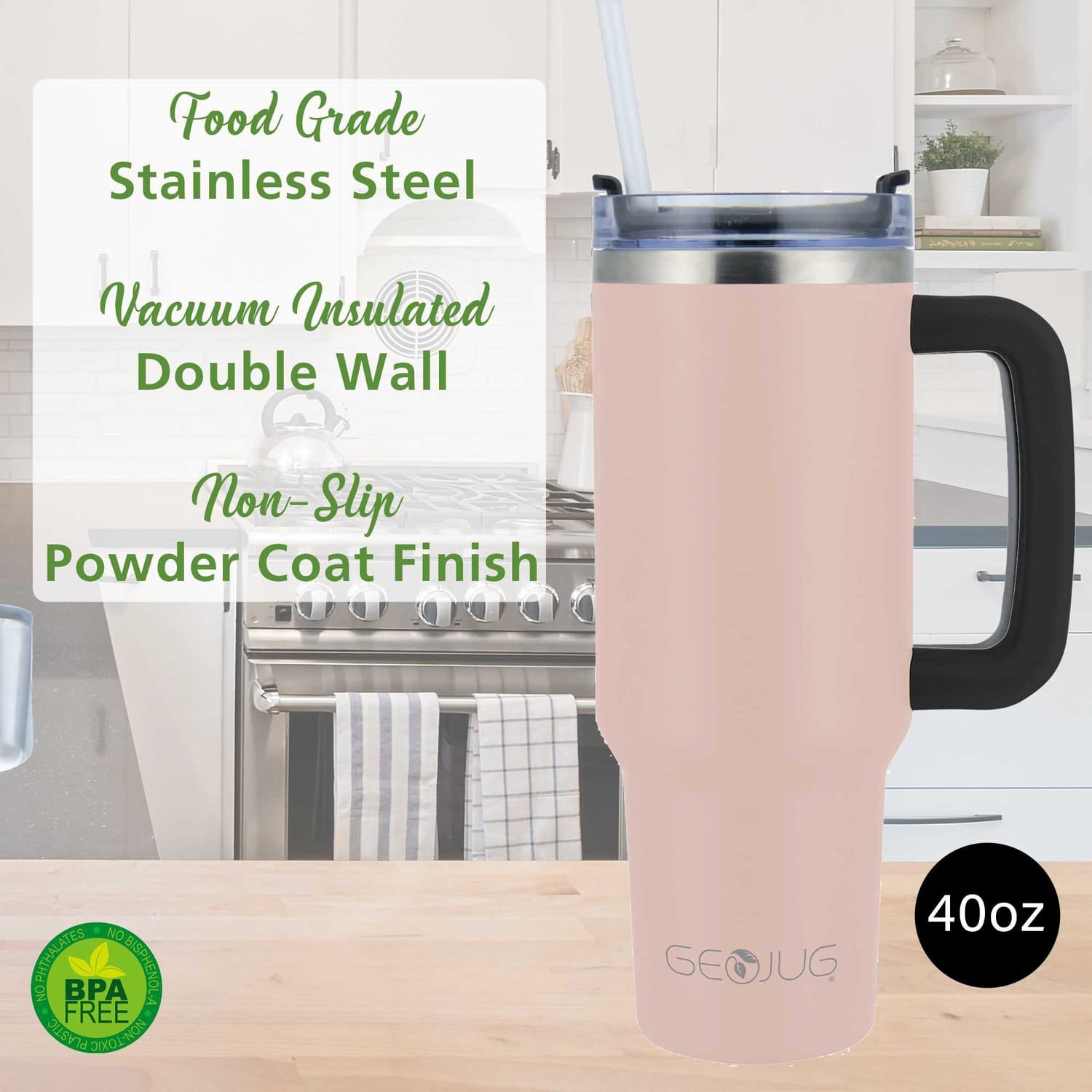 Brentwood Geojug 40-Oz. Insulated Stainless Steel Tumbler Cup with Handle, Lid, and Straw, Black, Pink