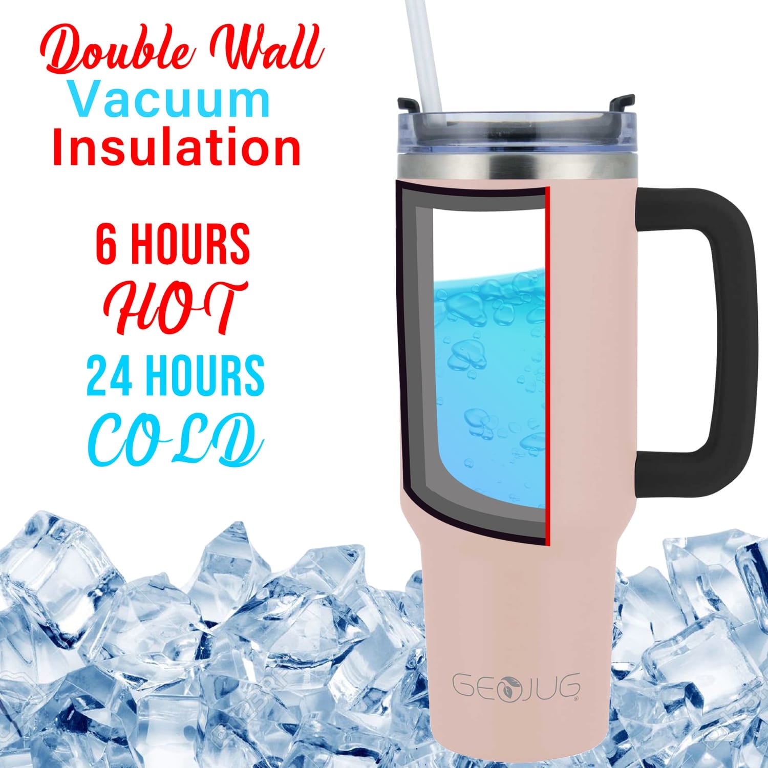 Brentwood Geojug 40-Oz. Insulated Stainless Steel Tumbler Cup with Handle, Lid, and Straw, Black, Pink