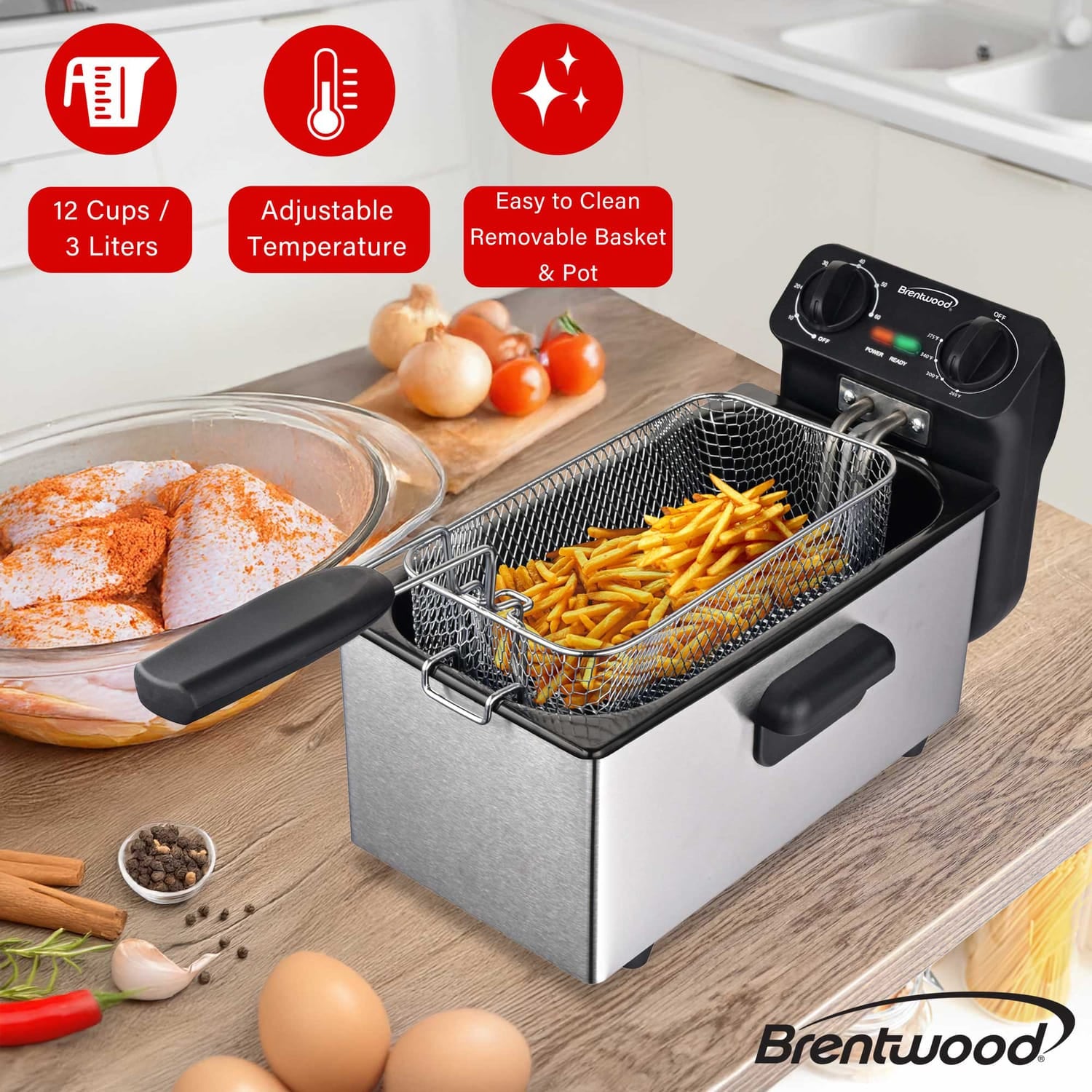 Brentwood 1500-Watt 12-Cup Electric Stainless Steel Deep Fryer, Black