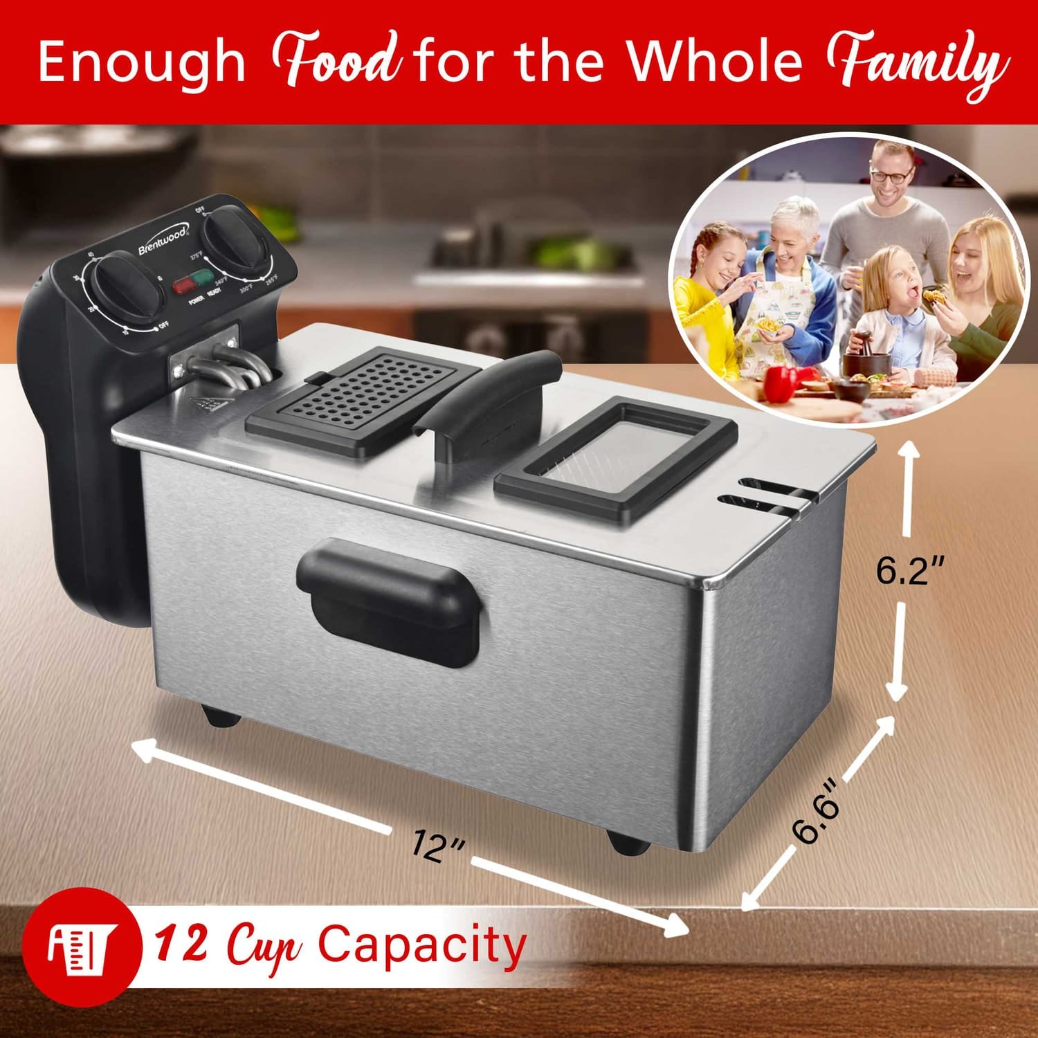 Brentwood 1500-Watt 12-Cup Electric Stainless Steel Deep Fryer, Black