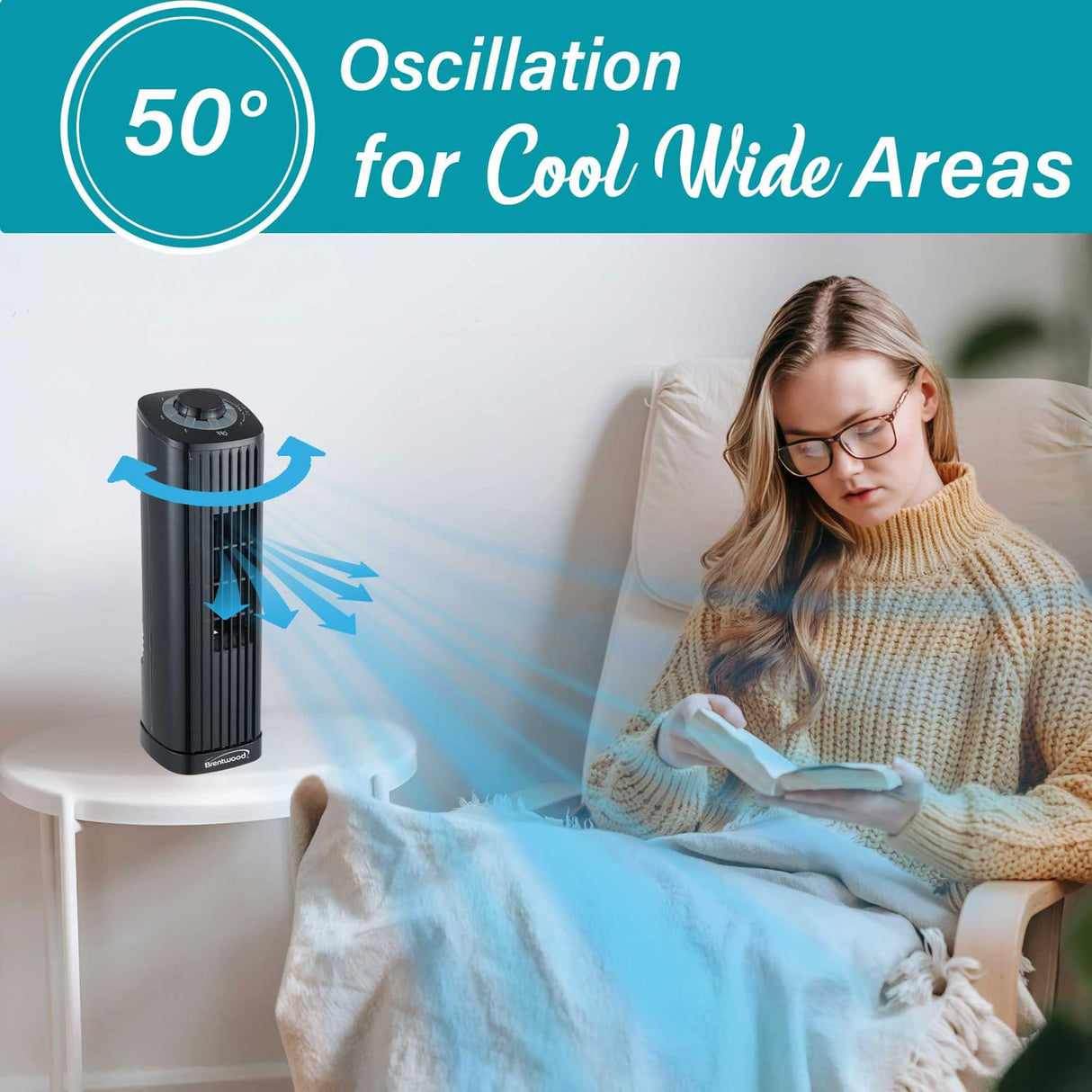 Brentwood 14-in. Portable Oscillating Tower Fan with 3 Speeds, 53 CFM, 50° Oscillation, 25 Watts, 61-in. Cord