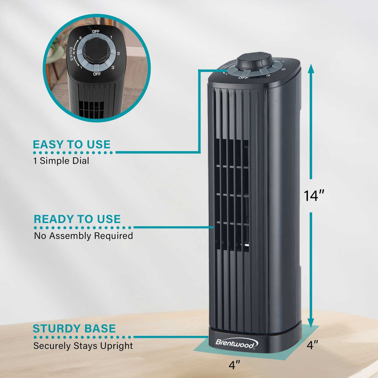 Brentwood 14-in. Portable Oscillating Tower Fan with 3 Speeds, 53 CFM, 50° Oscillation, 25 Watts, 61-in. Cord