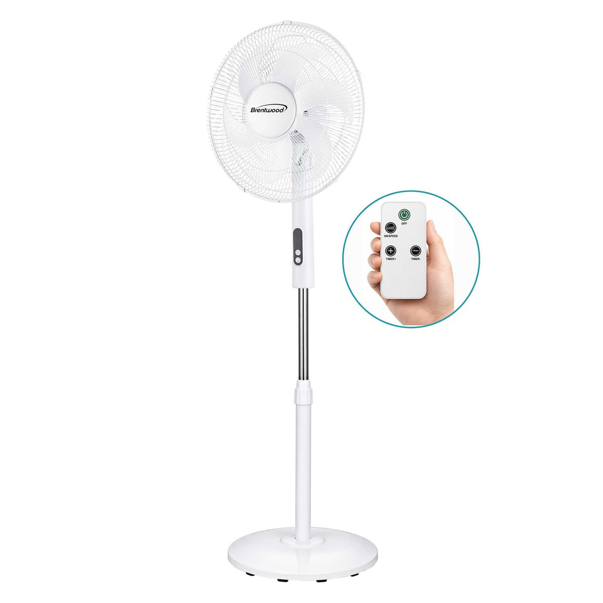 Brentwood 16-In. Portable Oscillating Stand Fan with 3 Speeds, 1160 CFM, 6 Blades, Tilting Head, 90° Oscillation, 45 Watts, Timer, Remote, 59-In. Cord