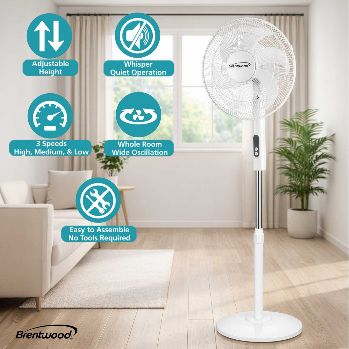 Brentwood 16-In. Portable Oscillating Stand Fan with 3 Speeds, 1160 CFM, 6 Blades, Tilting Head, 90° Oscillation, 45 Watts, Timer, Remote, 59-In. Cord