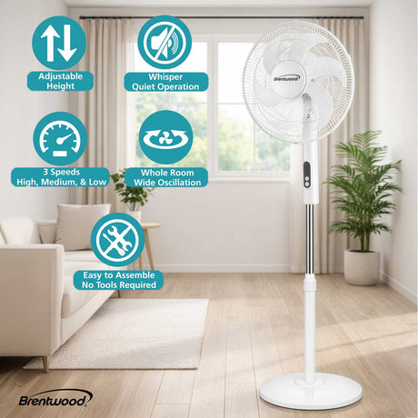 Brentwood 16-In. Portable Oscillating Stand Fan with 3 Speeds, 1160 CFM, 6 Blades, Tilting Head, 90° Oscillation, 45 Watts, Timer, Remote, 59-In. Cord