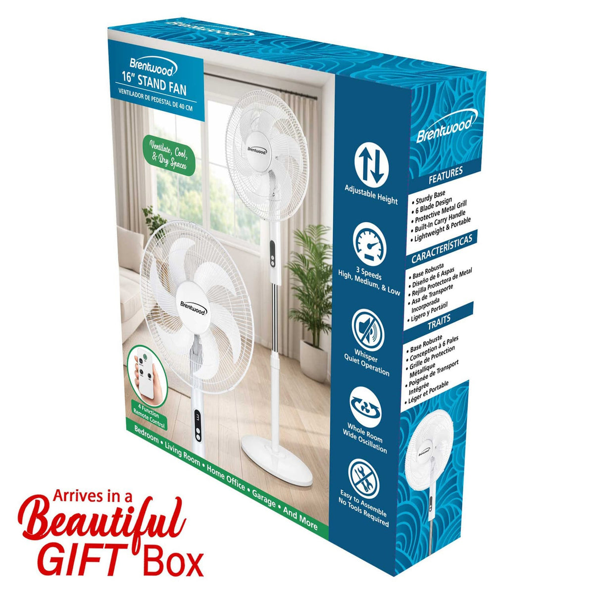 Brentwood 16-In. Portable Oscillating Stand Fan with 3 Speeds, 1160 CFM, 6 Blades, Tilting Head, 90° Oscillation, 45 Watts, Timer, Remote, 59-In. Cord