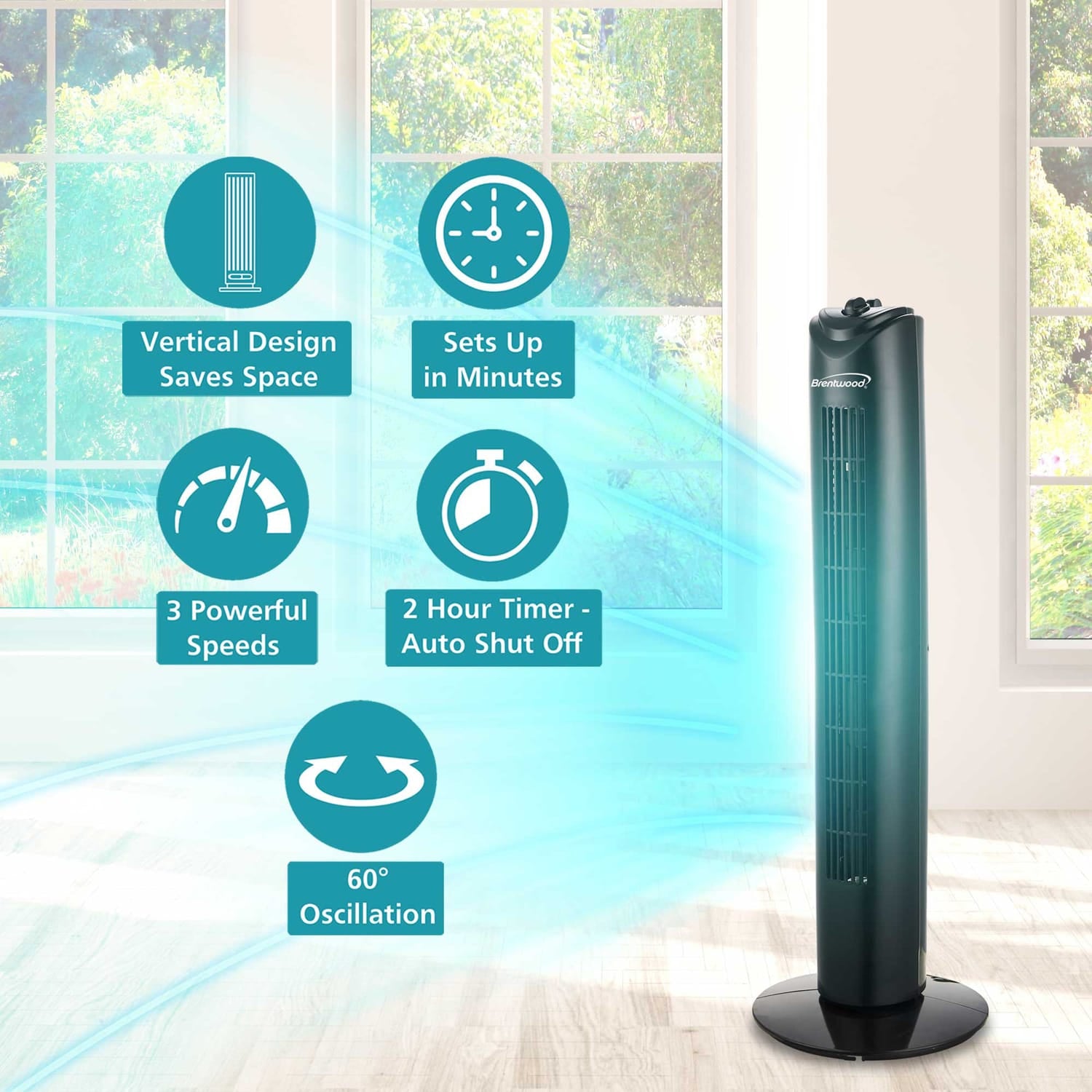 Brentwood 32-In. Portable Oscillating Tower Fan with Timer, 3 Speeds, 275 CFM, 60° Oscillation, 45 Watts, 72-In. Cord, Black