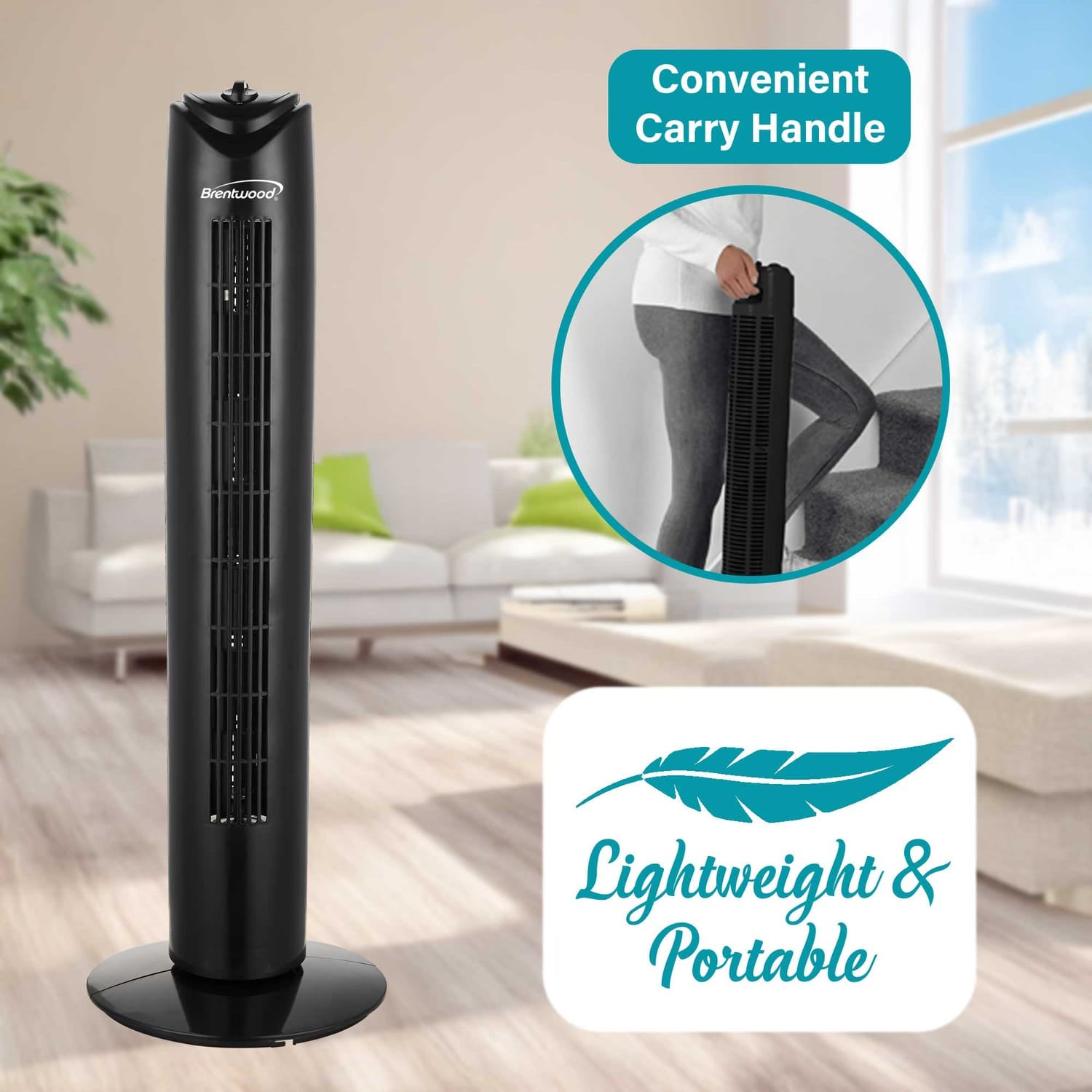 Brentwood 32-In. Portable Oscillating Tower Fan with Timer, 3 Speeds, 275 CFM, 60° Oscillation, 45 Watts, 72-In. Cord, Black