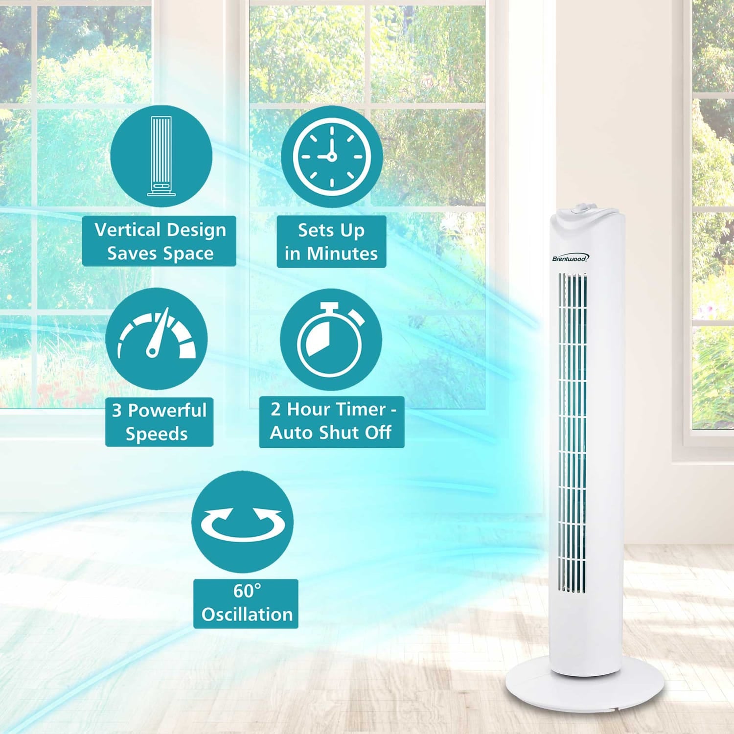 Brentwood 32-In. Portable Oscillating Tower Fan with Timer, 3 Speeds, 275 CFM, 60° Oscillation, 45 Watts, 72-In. Cord, White