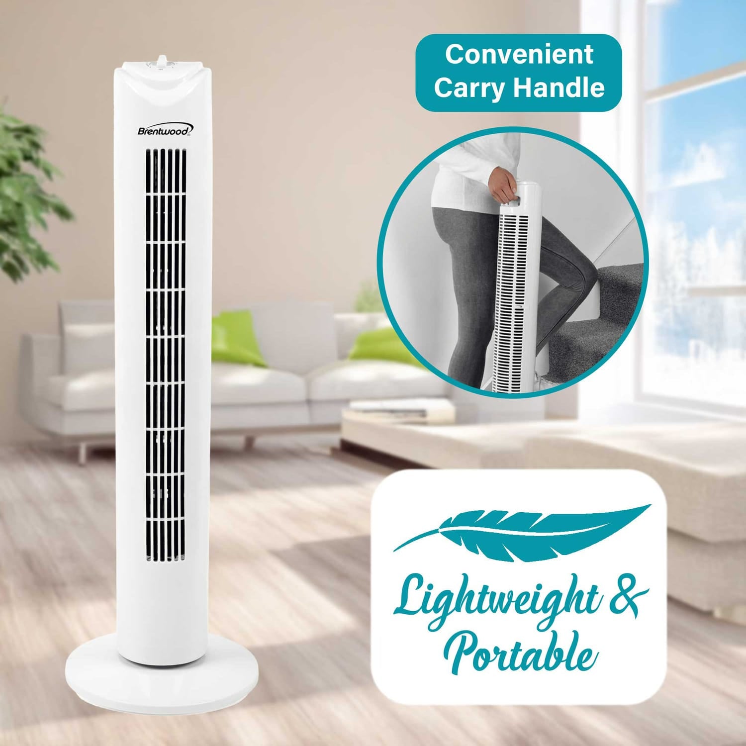 Brentwood 32-In. Portable Oscillating Tower Fan with Timer, 3 Speeds, 275 CFM, 60° Oscillation, 45 Watts, 72-In. Cord, White