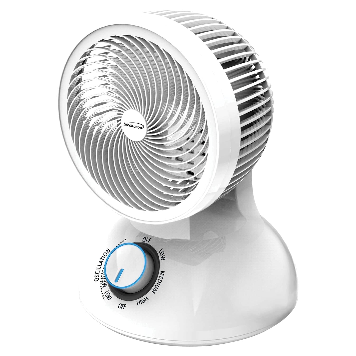 Brentwood 6-In. Portable Oscillating Air Circulator Desktop Fan with 3 Speeds, 21 CFM, 3 Blades, 90° Tilt, 75° Oscillation, 28 Watts, 59-In. Cord