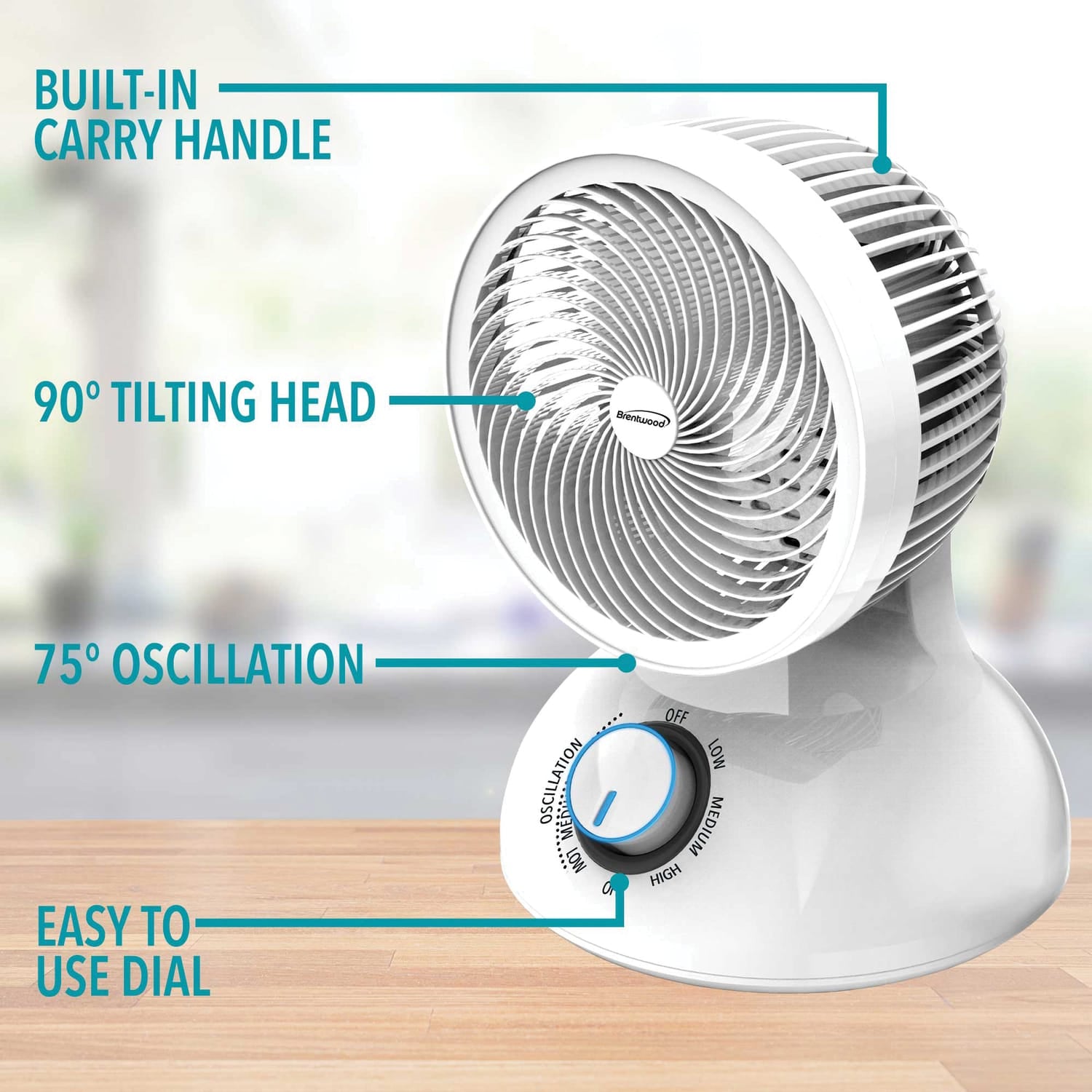 Brentwood 6-In. Portable Oscillating Air Circulator Desktop Fan with 3 Speeds, 21 CFM, 3 Blades, 90° Tilt, 75° Oscillation, 28 Watts, 59-In. Cord