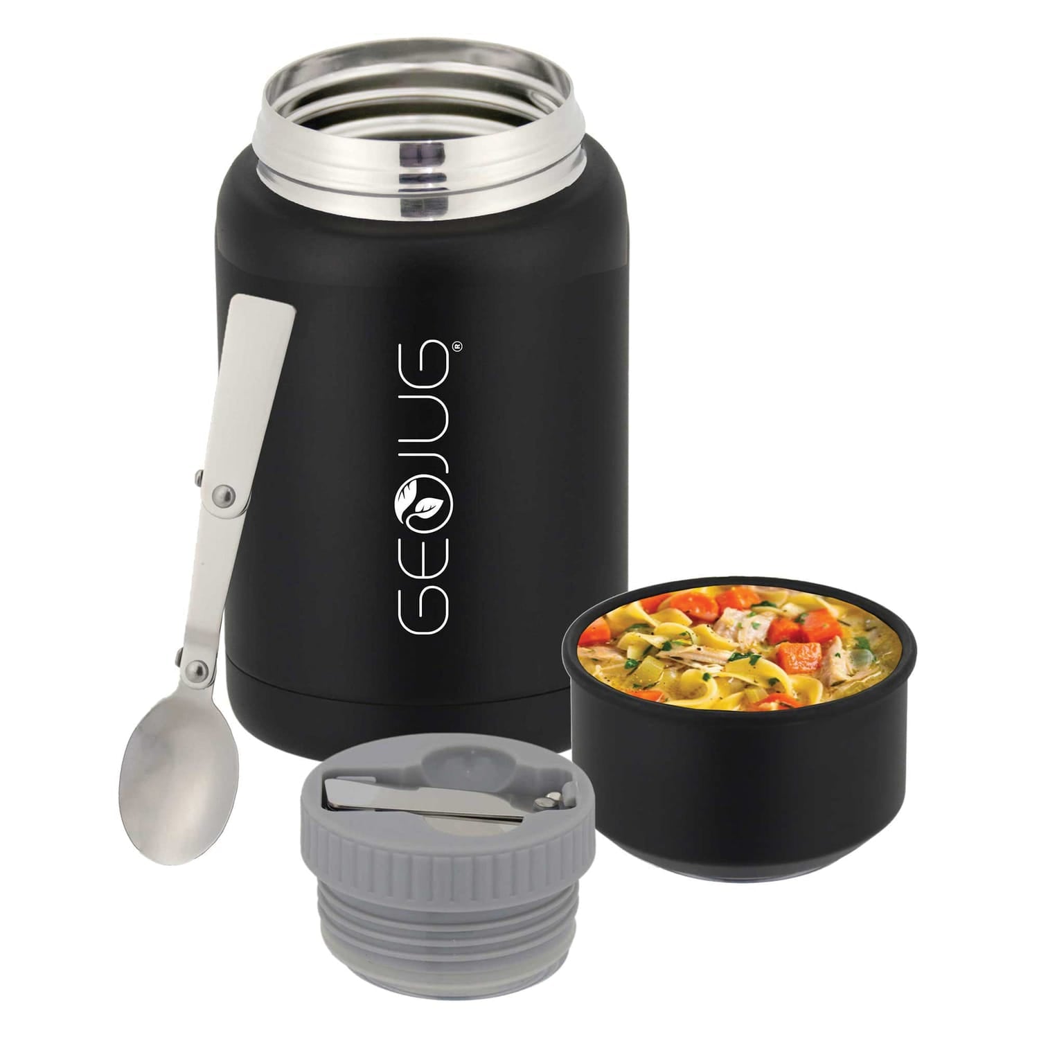 Brentwood Geojug Vacuum-Insulated Stainless Steel Food Jar with Bowl and Folding Spoon, Black, 17 Oz.