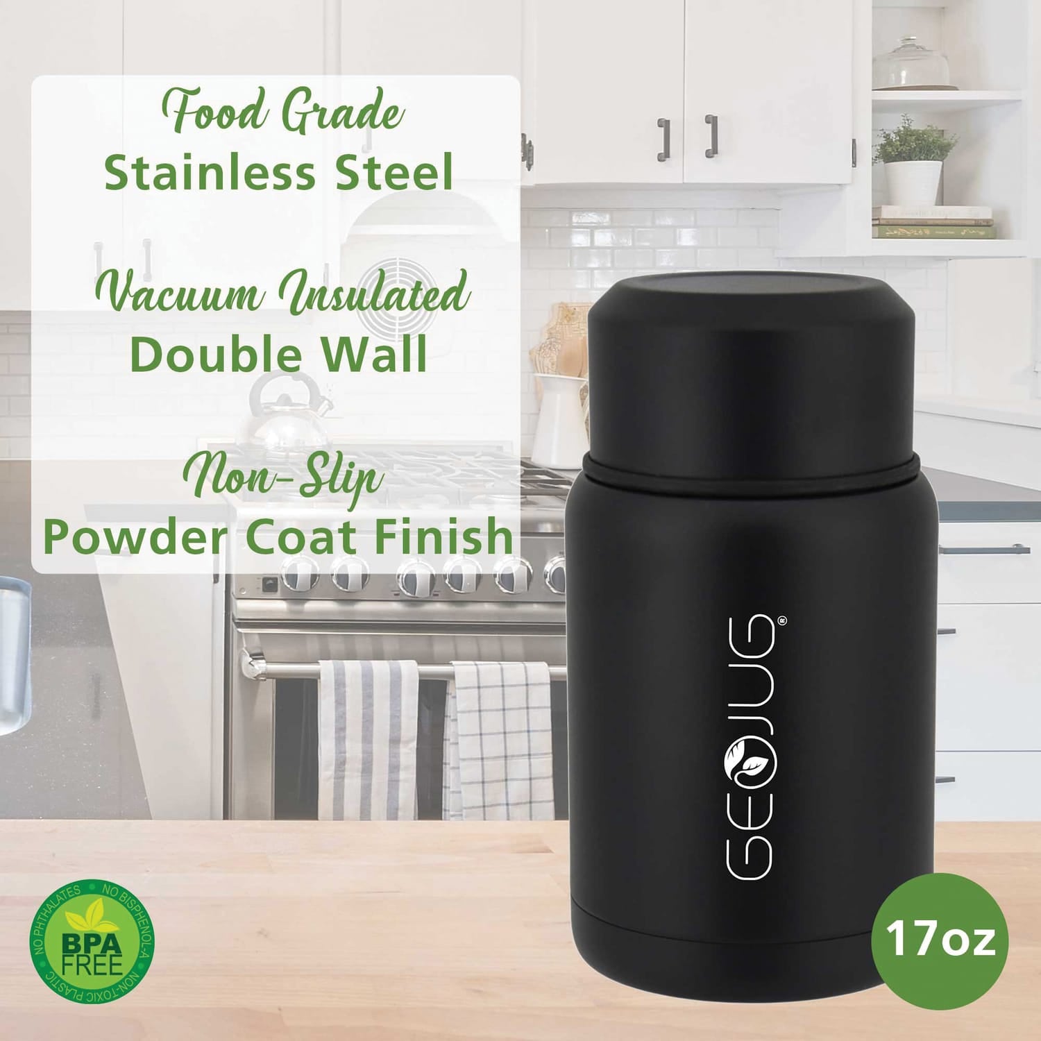 Brentwood Geojug Vacuum-Insulated Stainless Steel Food Jar with Bowl and Folding Spoon, Black, 17 Oz.
