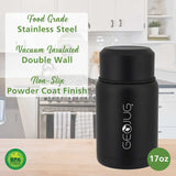 Brentwood Geojug Vacuum-Insulated Stainless Steel Food Jar with Bowl and Folding Spoon, Black, 17 Oz.