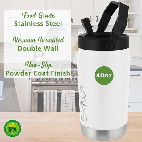 Brentwood Geojug Vacuum-Insulated Stainless Steel Sports Water Jug with Spout Straw Lid, and Handle with Fence Hook, 40 Oz., Cream