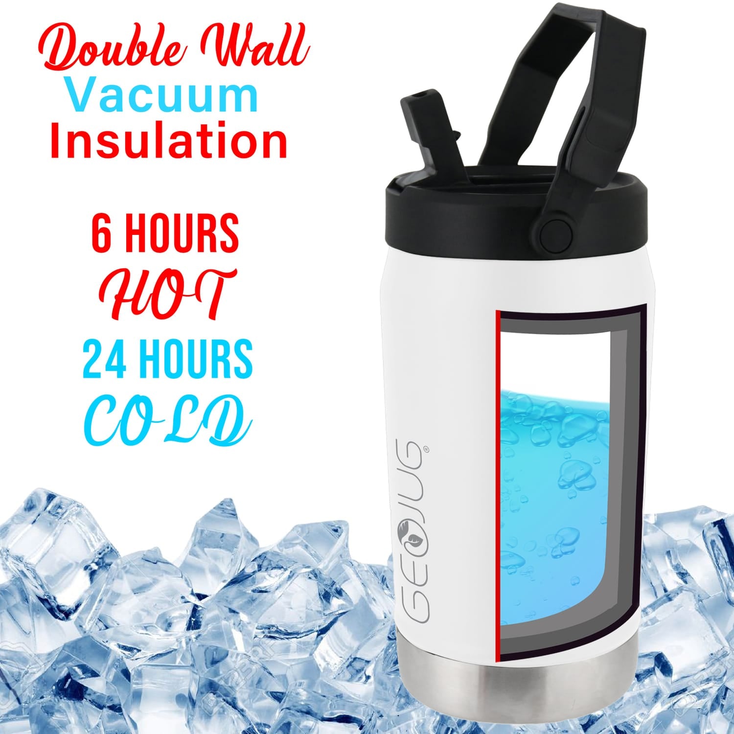 Brentwood Geojug Vacuum-Insulated Stainless Steel Sports Water Jug with Spout Straw Lid, and Handle with Fence Hook, 40 Oz., Cream