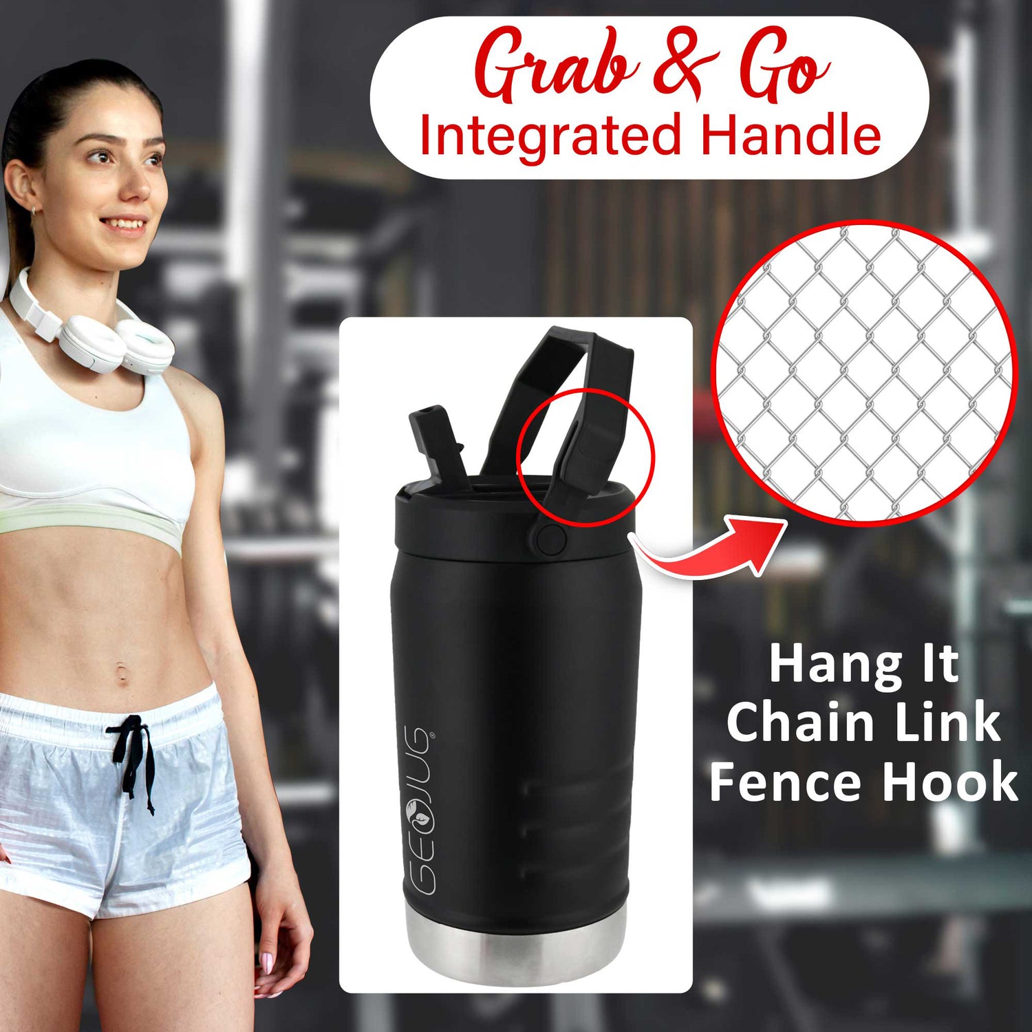 Brentwood Geojug Vacuum-Insulated Stainless Steel Sports Water Jug with Spout Straw Lid, and Handle with Fence Hook, 64 Oz., Black