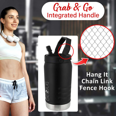 Brentwood Geojug Vacuum-Insulated Stainless Steel Sports Water Jug with Spout Straw Lid, and Handle with Fence Hook, 64 Oz., Black