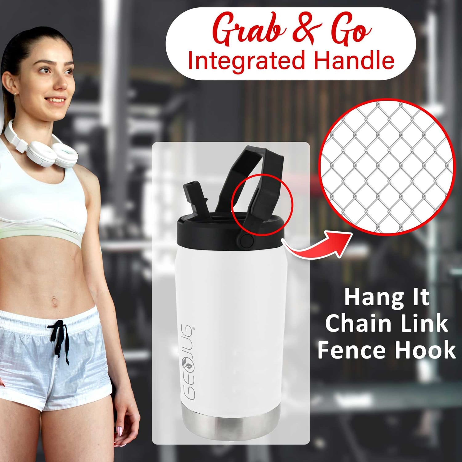 Brentwood Geojug Vacuum-Insulated Stainless Steel Sports Water Jug with Spout Straw Lid, and Handle with Fence Hook, 64 Oz., Cream