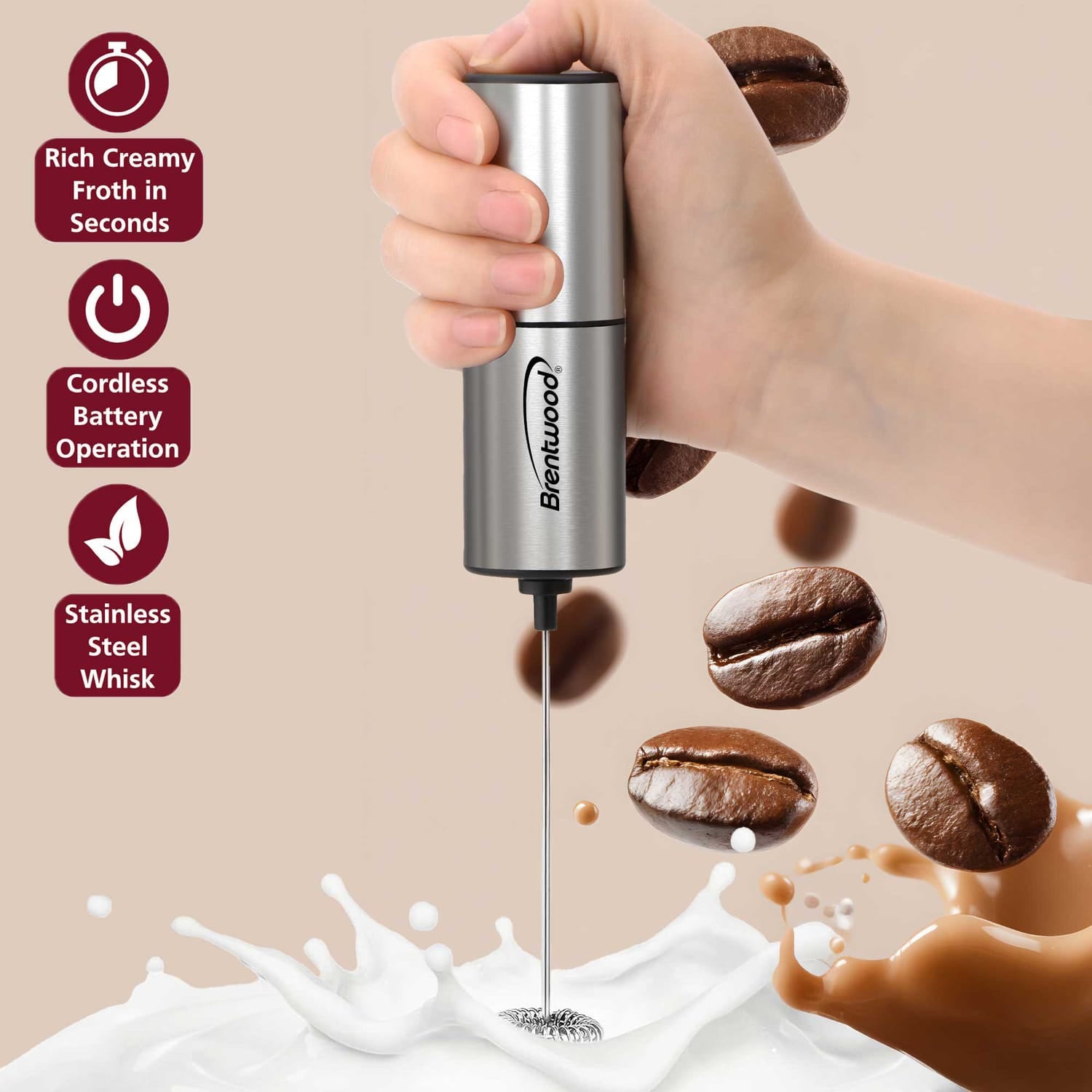 Brentwood 6-Watt Battery-Operated Electric Milk Frother and Drink Mixer with Stainless Steel Whisk