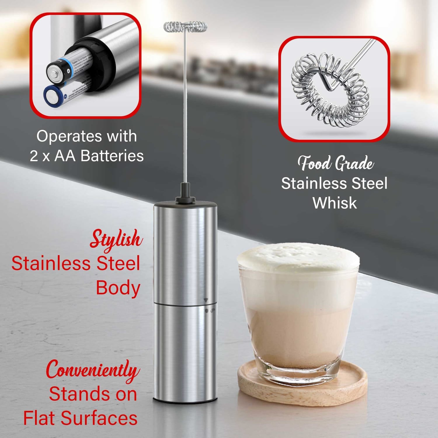 Brentwood 6-Watt Battery-Operated Electric Milk Frother and Drink Mixer with Stainless Steel Whisk