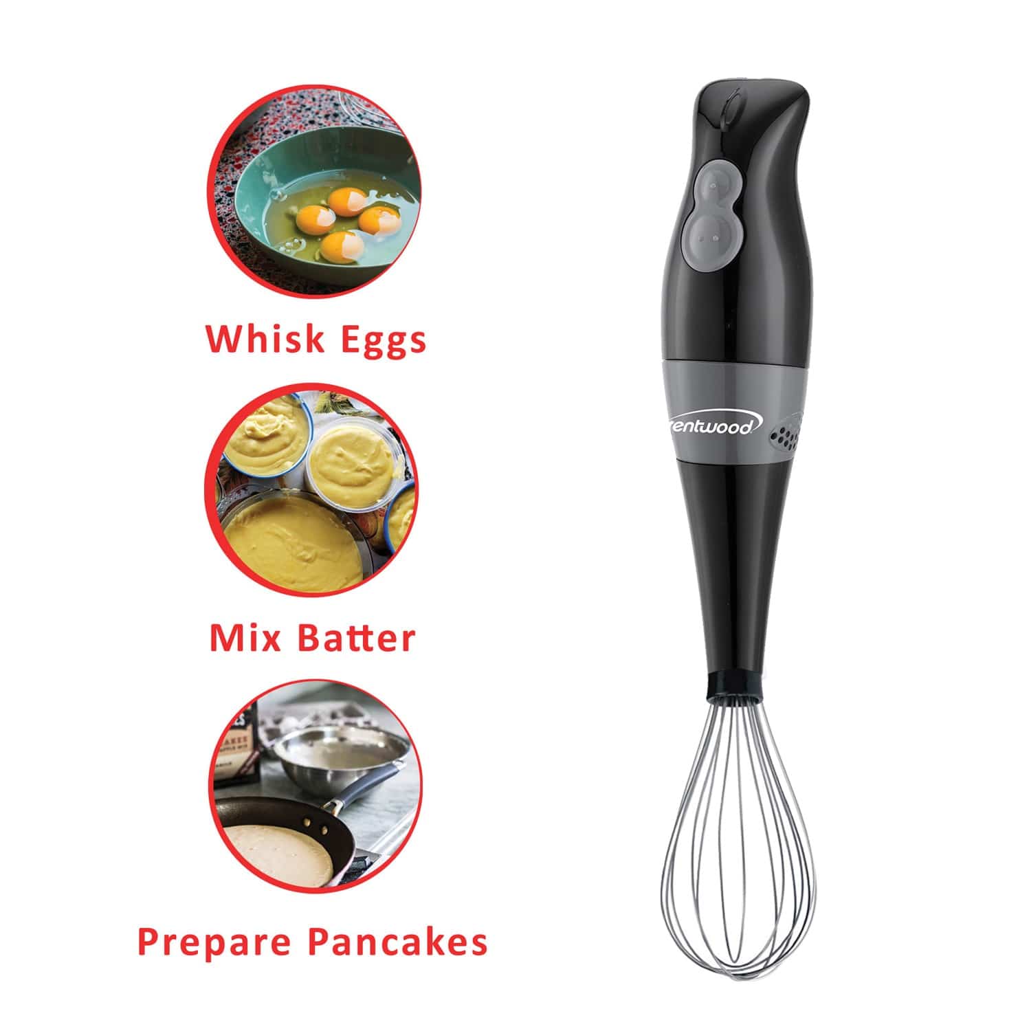 Brentwood 2-Speed Hand Blender and Food Processor with Balloon Whisk, Black