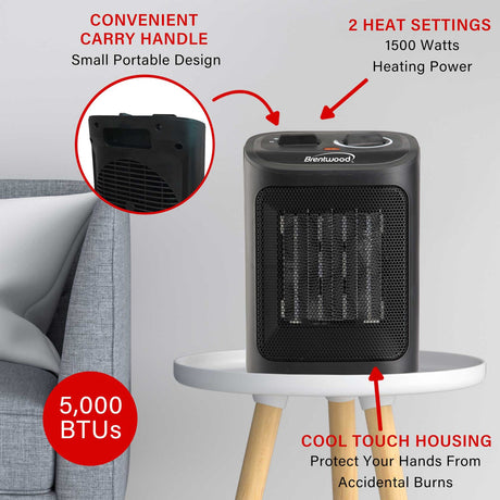 Brentwood 1500-Watt-Max Portable Ceramic Space Heater and Fan, Black, H-C1603BK