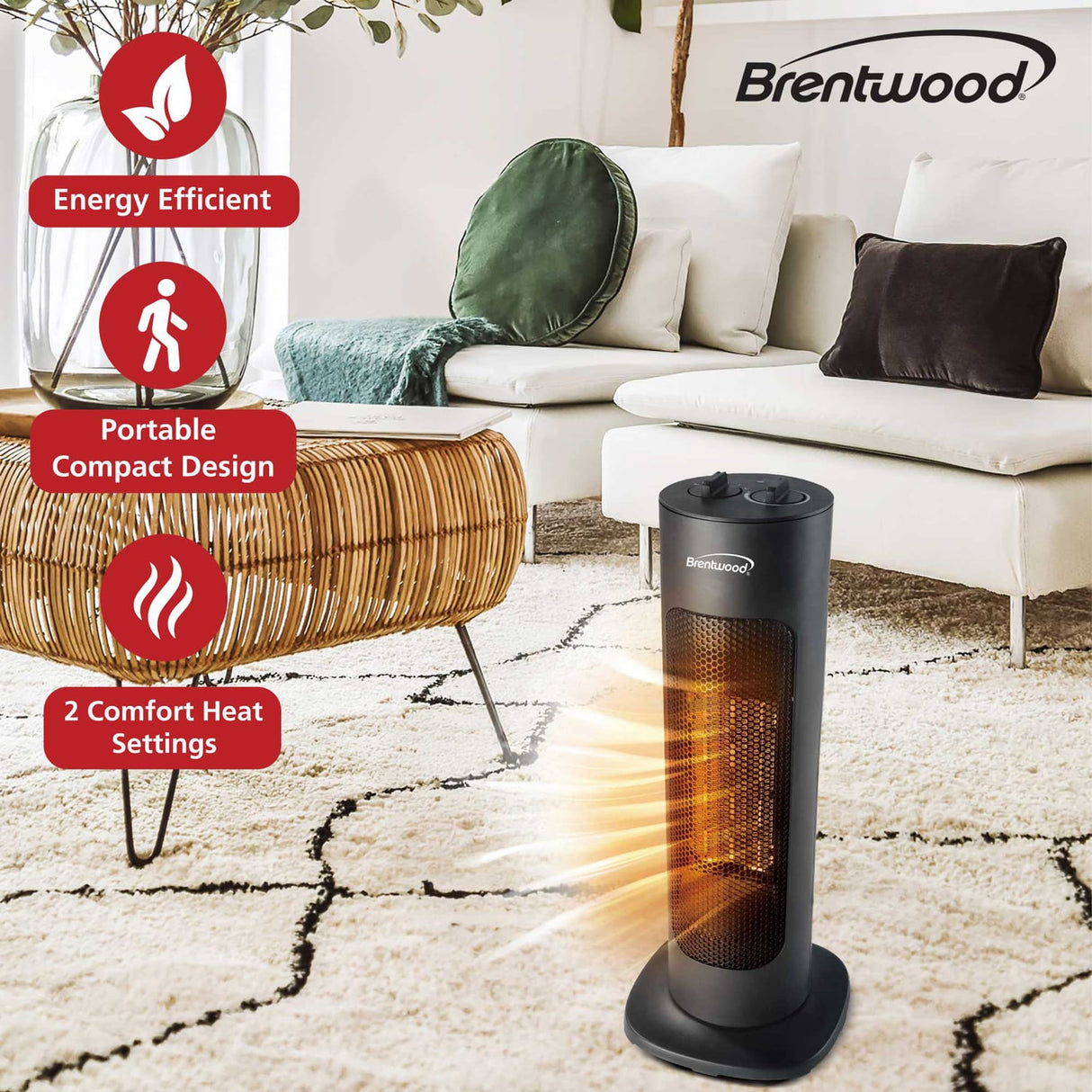 Brentwood 1500-Watt-Max Portable Oscillating Ceramic Tower Electric Space Heater, Black, H-C1618BK