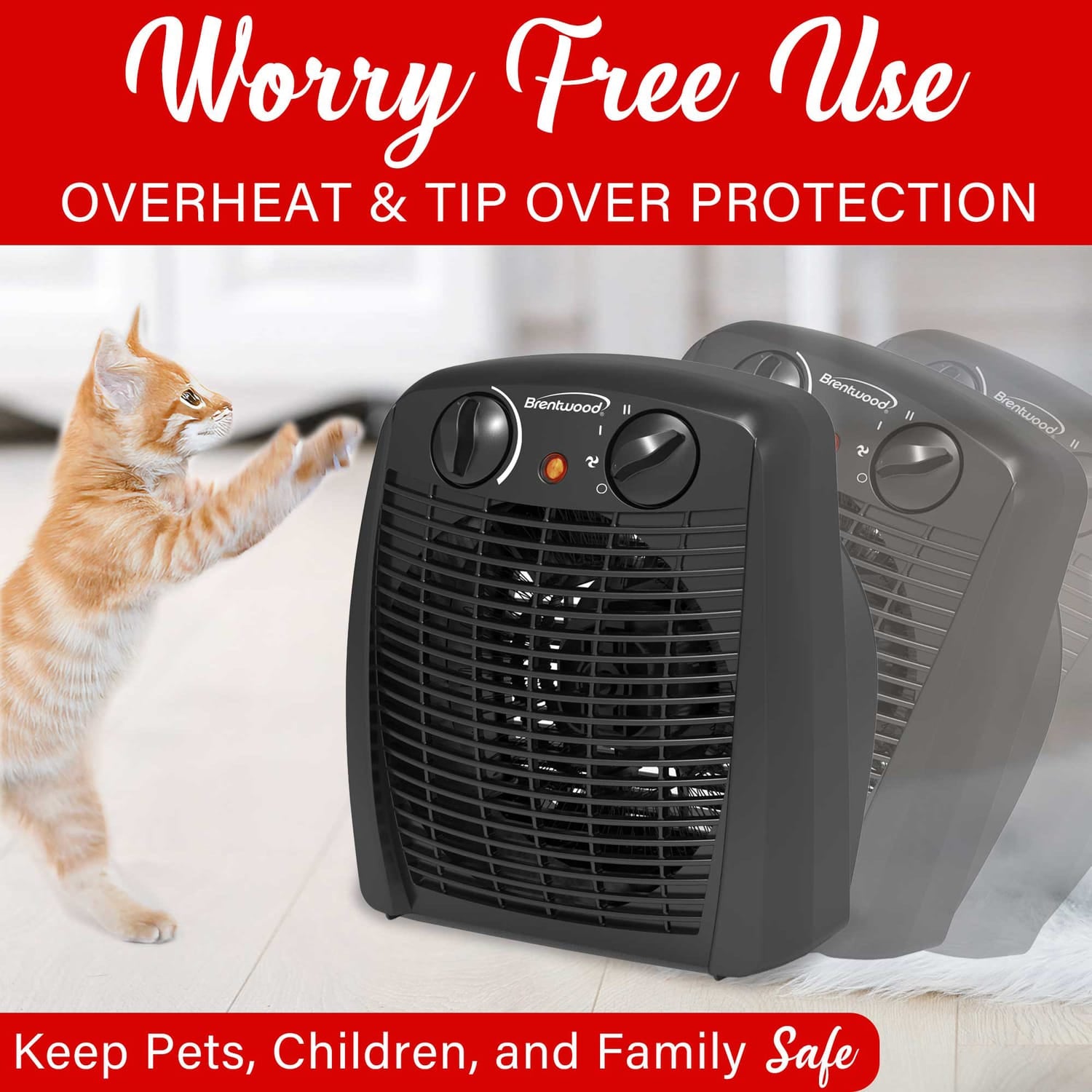 Brentwood Portable Electric Space Heater and Fan, 1500/750 Watts/Fan Only, 5000 BTUs, Adjustable Thermostat, Safety Features, 6-Ft. Cord, H-F305BK