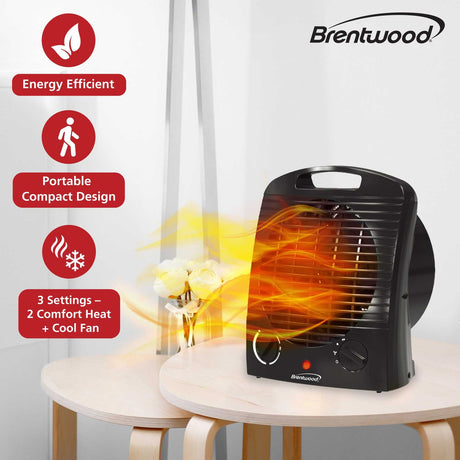 Brentwood Portable Electric Space Heater and Fan, 1500/750 Watts/Fan Only, 5000 BTUs, Adjustable Thermostat, Safety Features, 6-Ft. Cord, H-F306BK