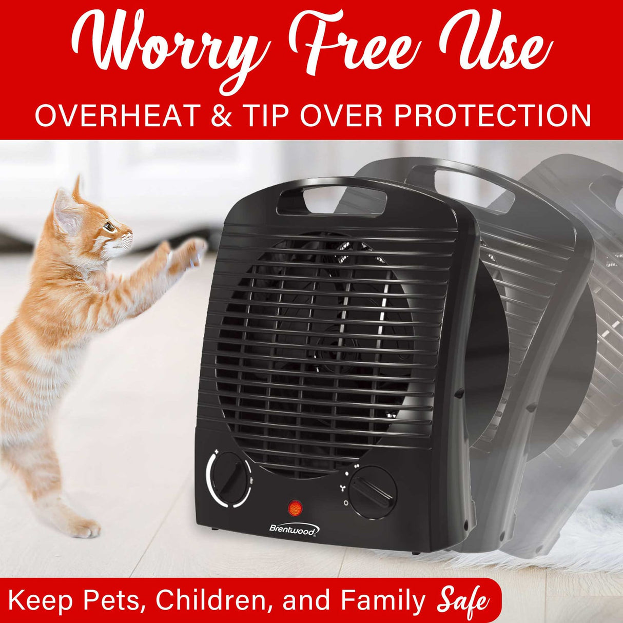 Brentwood Portable Electric Space Heater and Fan, 1500/750 Watts/Fan Only, 5000 BTUs, Adjustable Thermostat, Safety Features, 6-Ft. Cord, H-F306BK