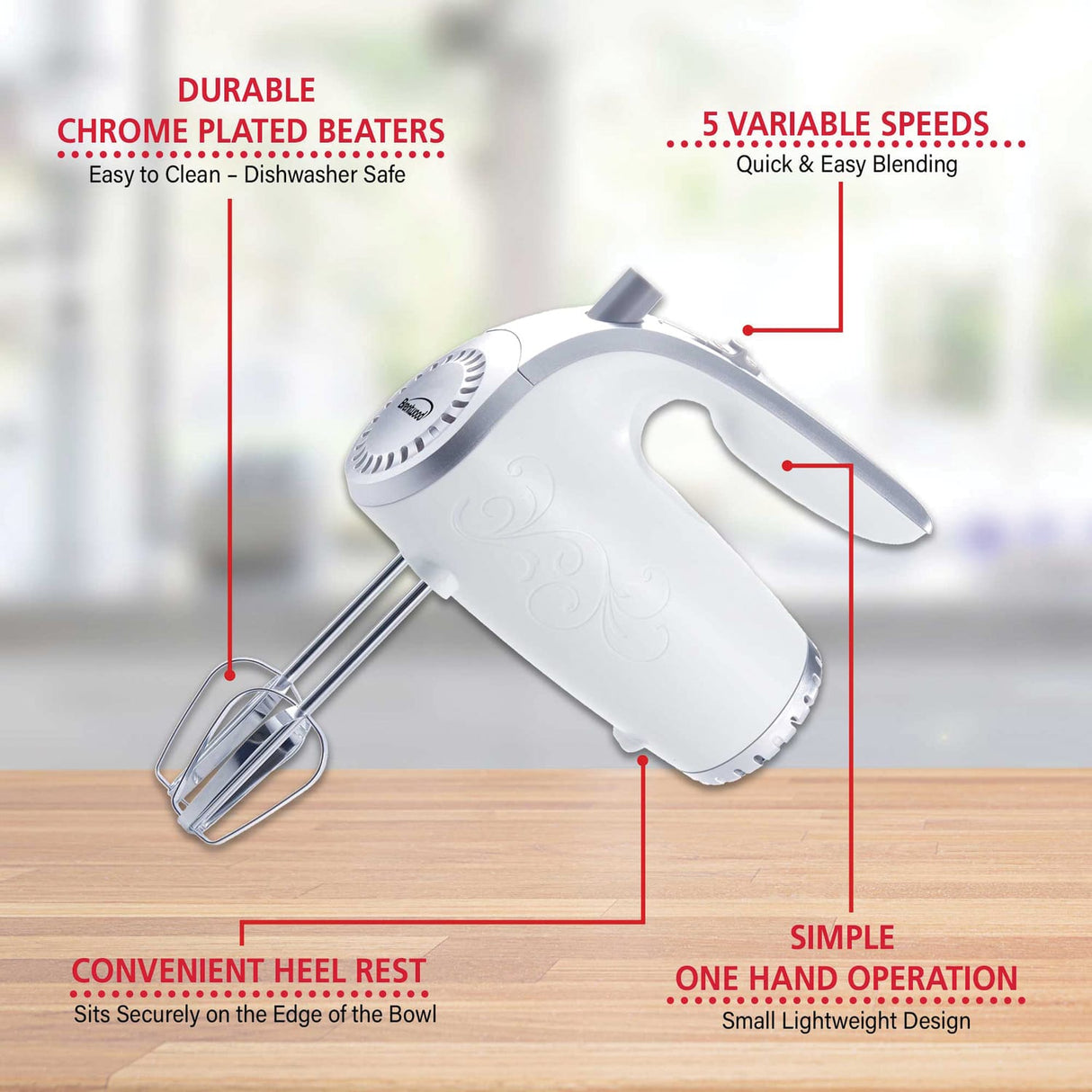 Brentwood Lightweight 5-Speed Electric Hand Mixer, White