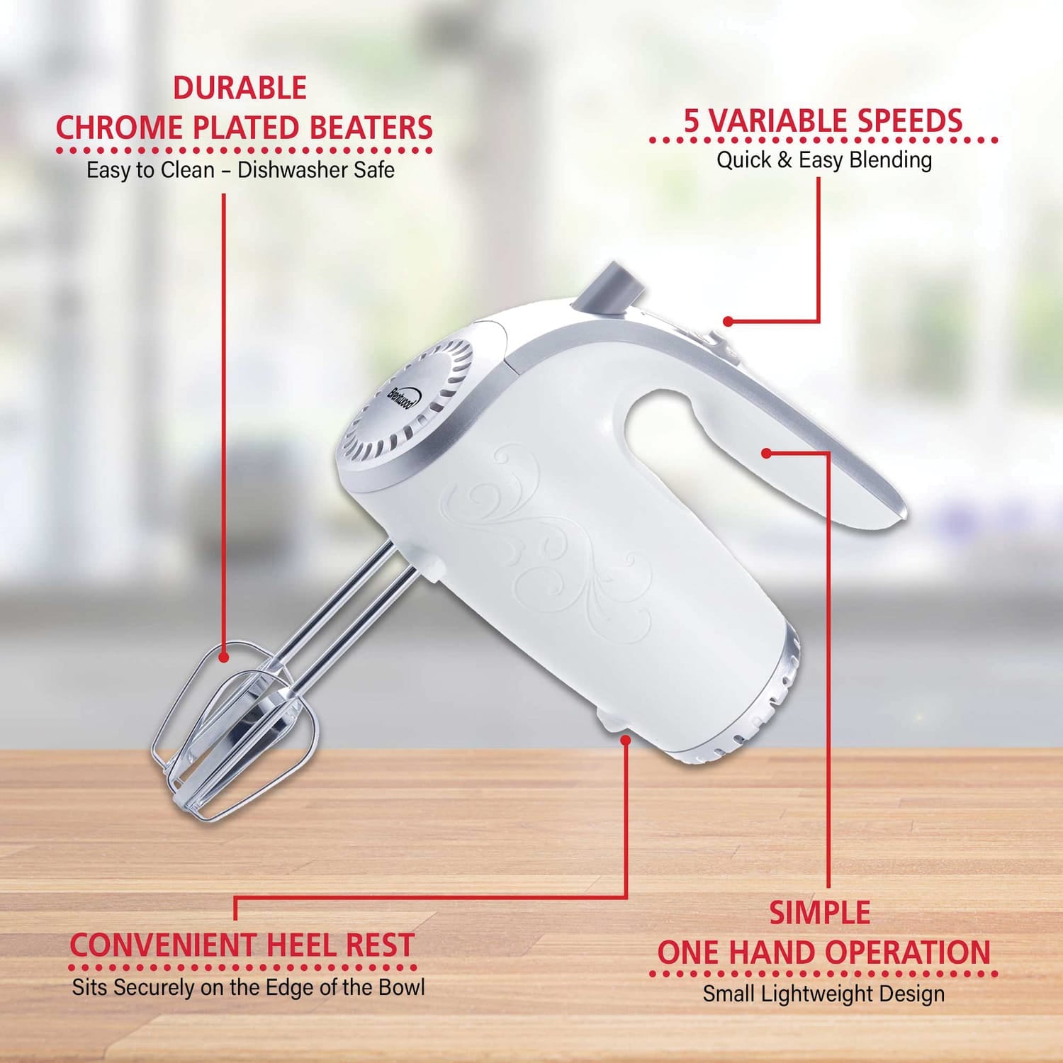 Brentwood Lightweight 5-Speed Electric Hand Mixer, White