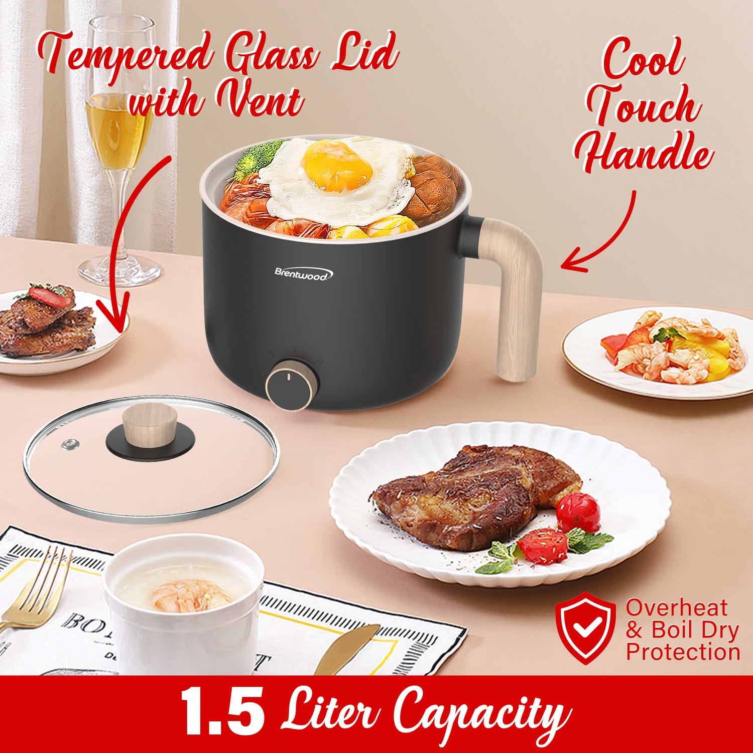 Brentwood 1.6-Qt. 600-Watt Multi-Function Electric Hot Pot Cooker with Ceramic Nonstick Coating, Black