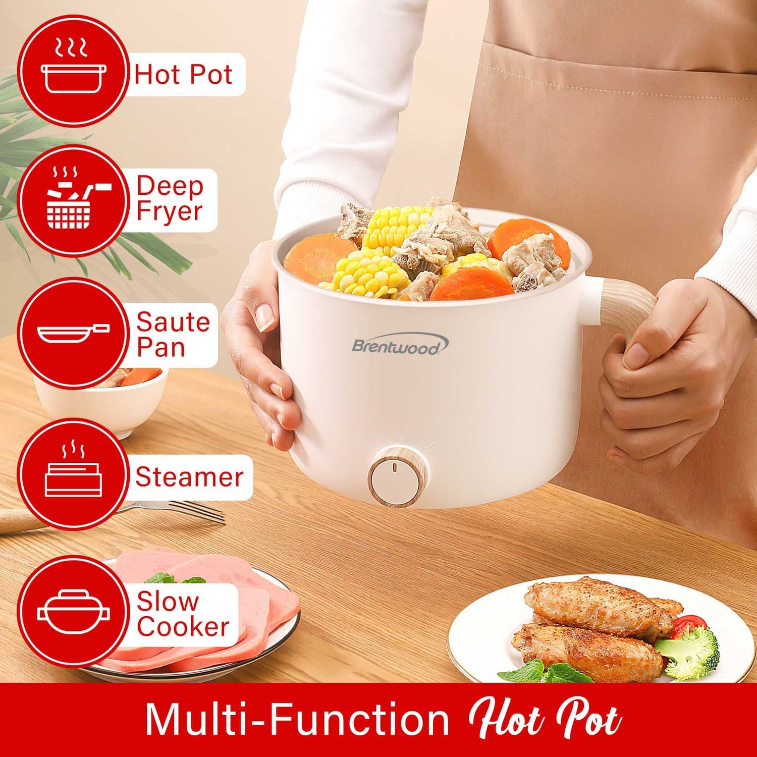 Brentwood 1.6-Qt. 600-Watt Multi-Function Electric Hot Pot Cooker with Ceramic Nonstick Coating, White