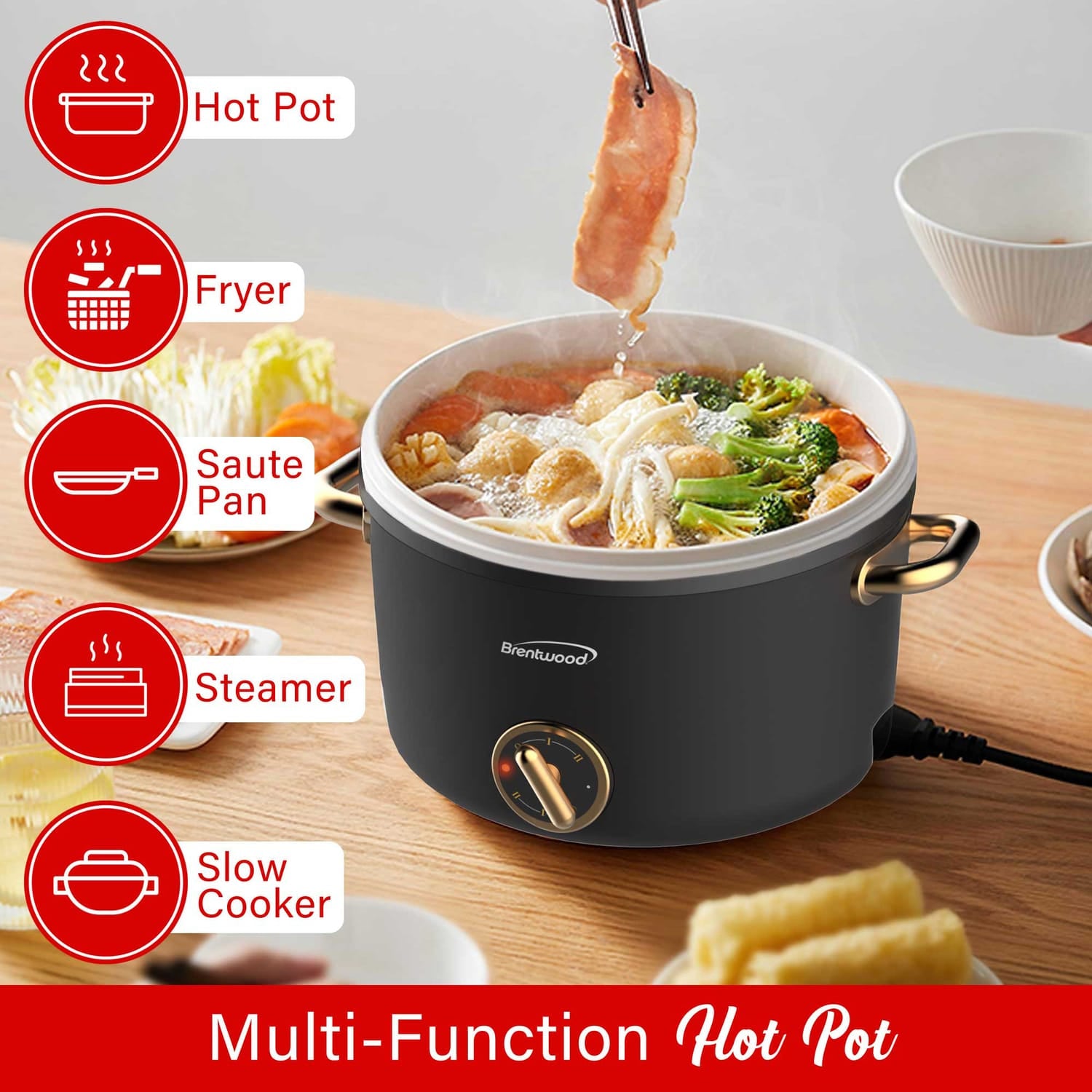 Brentwood 700-Watt 2.6-Qt. Multifunction Electric Hot Pot Cooker with Ceramic Nonstick Coating and Food Steamer, Black