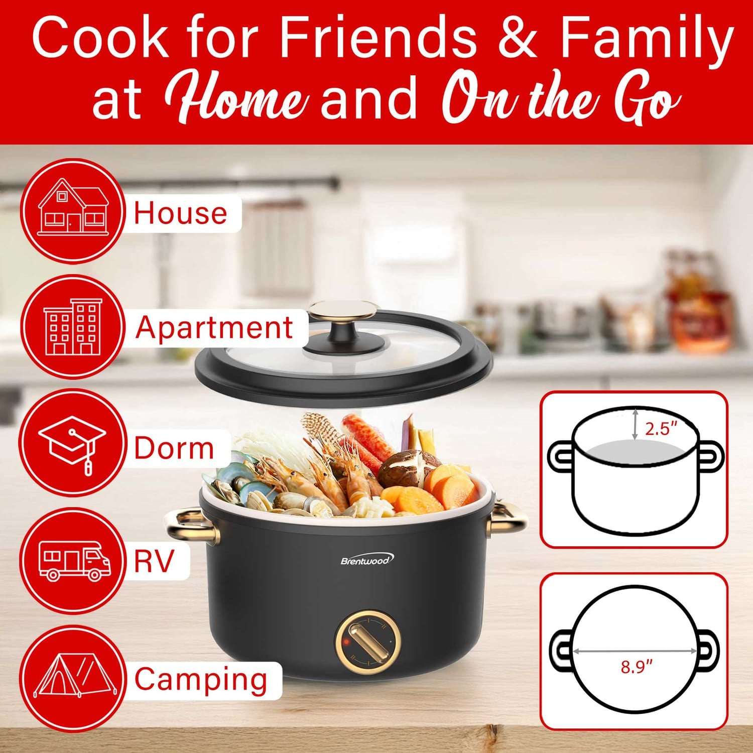 Brentwood 700-Watt 2.6-Qt. Multifunction Electric Hot Pot Cooker with Ceramic Nonstick Coating and Food Steamer, Black