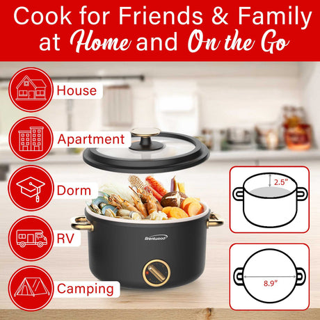 Brentwood 700-Watt 2.6-Qt. Multifunction Electric Hot Pot Cooker with Ceramic Nonstick Coating and Food Steamer, Black