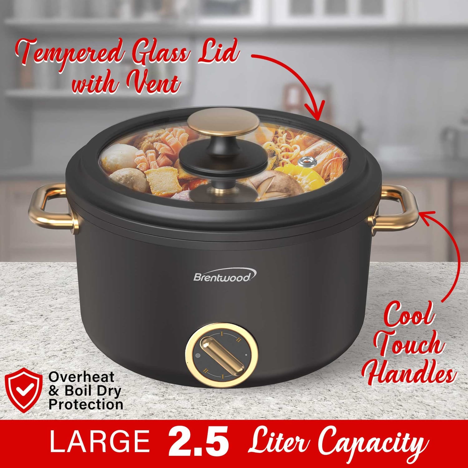 Brentwood 700-Watt 2.6-Qt. Multifunction Electric Hot Pot Cooker with Ceramic Nonstick Coating and Food Steamer, Black