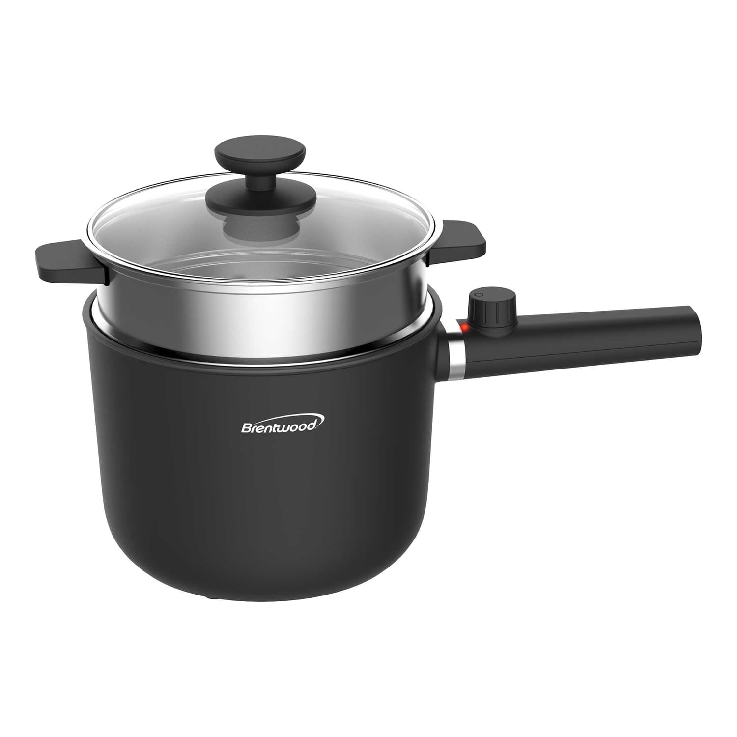 Brentwood 600W 1.6-Qt. Multifunction Electric Hot Pot Cooker with Ceramic Nonstick Coating and Stainless-Steel Food Steamer, Straight Handle, Black