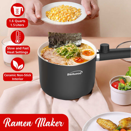 Brentwood 600W 1.6-Qt. Multifunction Electric Hot Pot Cooker with Ceramic Nonstick Coating and Stainless-Steel Food Steamer, Straight Handle, Black