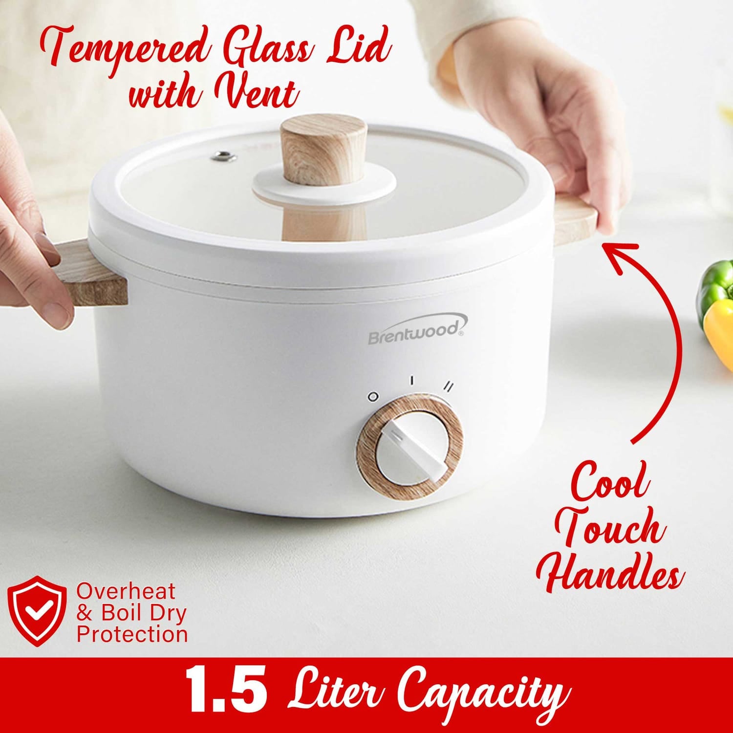Brentwood 1.6-Qt. Multi-Function Electric Hot Pot Cooker with Stainless Steel Food Steamer and Ceramic Non-Stick Coating, White, HPS-3162W