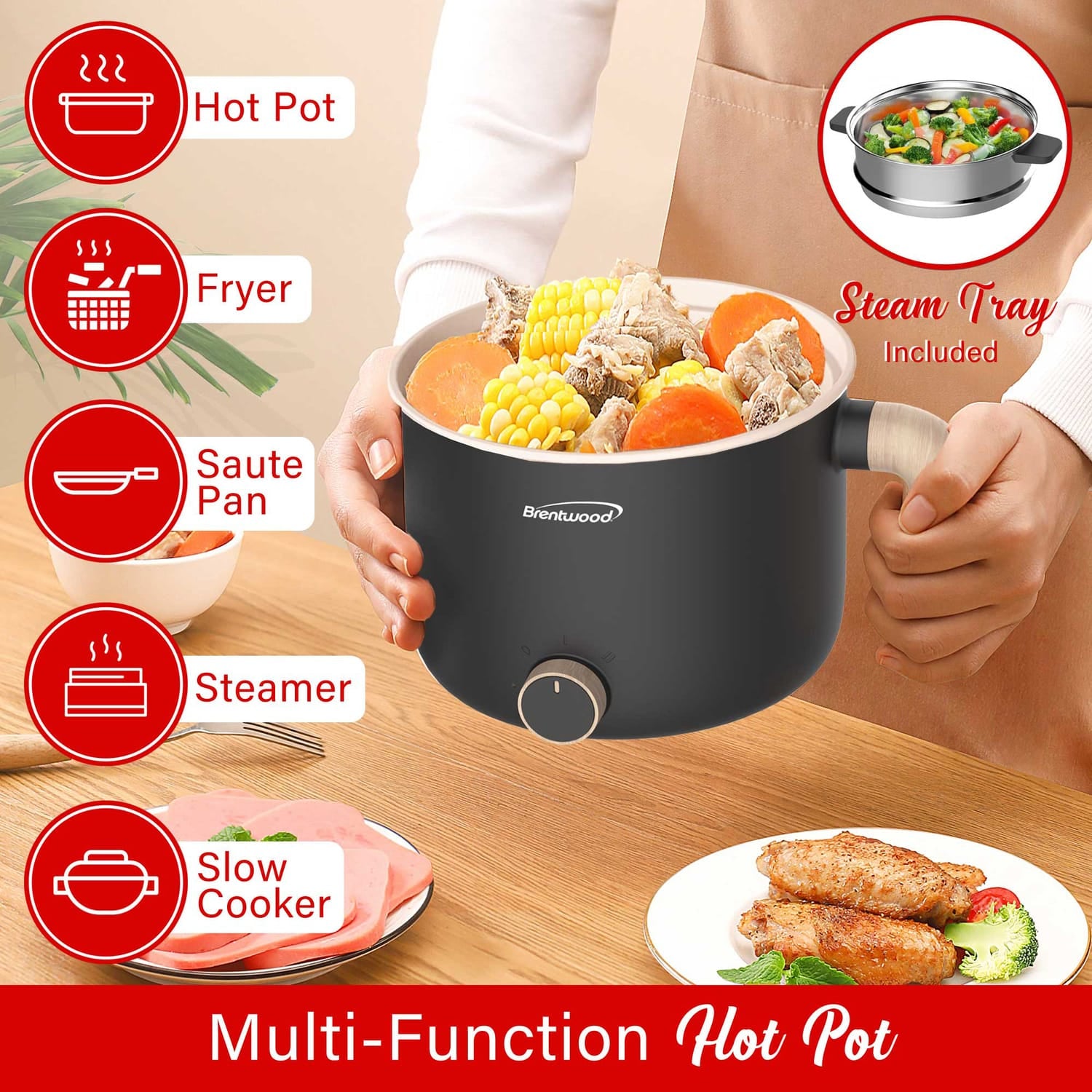 Brentwood 600-Watt 1.6-Qt. Multifunction Electric Hot Pot Cooker with Ceramic Nonstick Coating and Stainless Steel Food Steamer, Angled Handle, Black