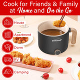 Brentwood 600-Watt 1.6-Qt. Multifunction Electric Hot Pot Cooker with Ceramic Nonstick Coating and Stainless Steel Food Steamer, Angled Handle, Black