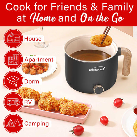 Brentwood 600-Watt 1.6-Qt. Multifunction Electric Hot Pot Cooker with Ceramic Nonstick Coating and Stainless Steel Food Steamer, Angled Handle, Black