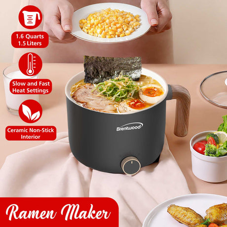 Brentwood 600-Watt 1.6-Qt. Multifunction Electric Hot Pot Cooker with Ceramic Nonstick Coating and Stainless Steel Food Steamer, Angled Handle, Black