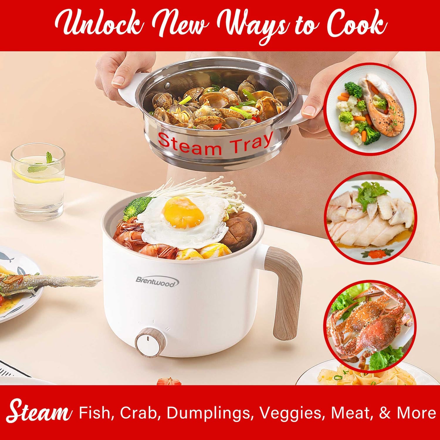 Brentwood 1.6-Qt. Multifunction Electric Ceramic Non-Stick Hot Pot Cooker with Stainless Steel Food Steamer, White