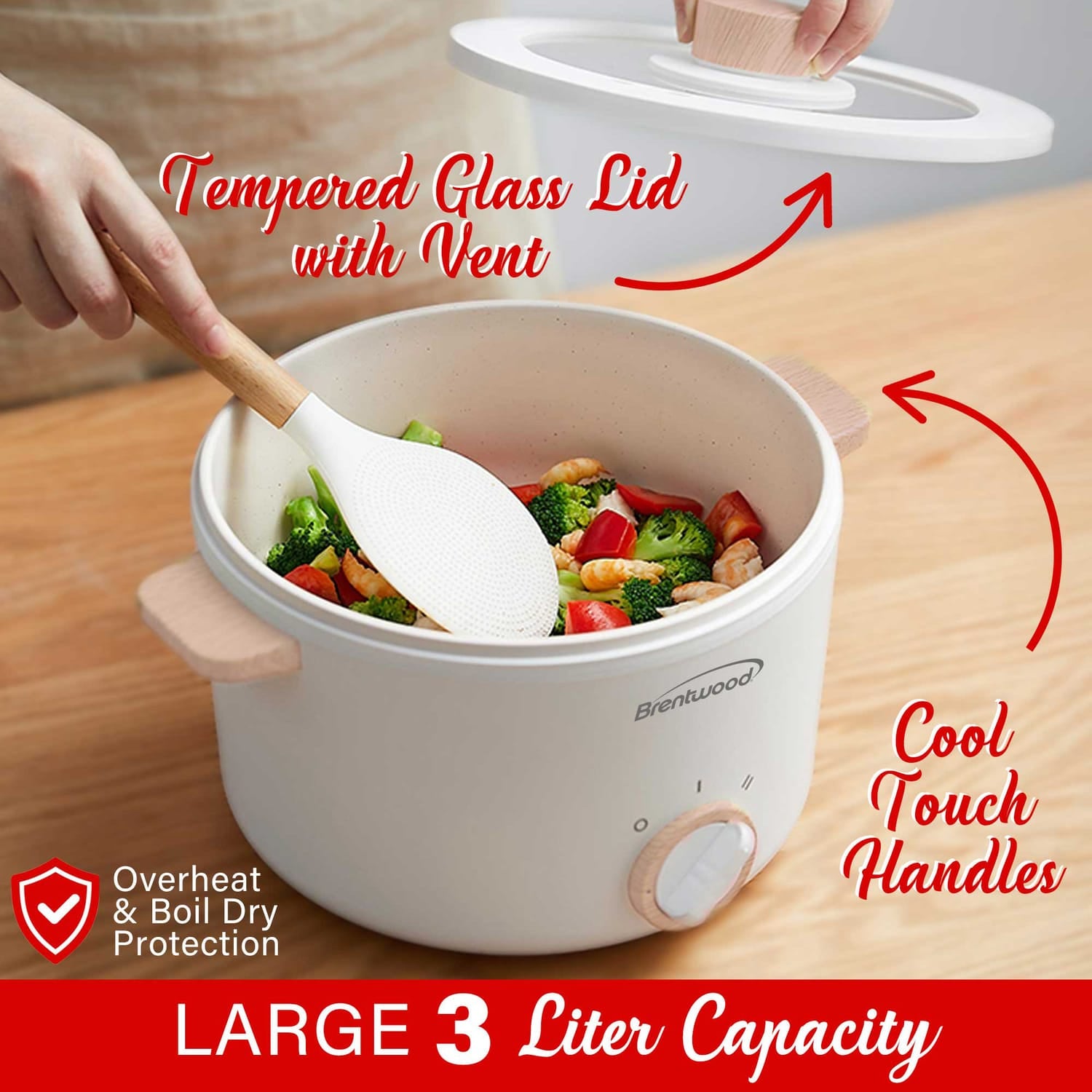 Brentwood 3.2-Qt. Multi-Function Electric Hot Pot Cooker with Food Steamer and Ceramic Non-Stick Coating, White, HPS-3302W